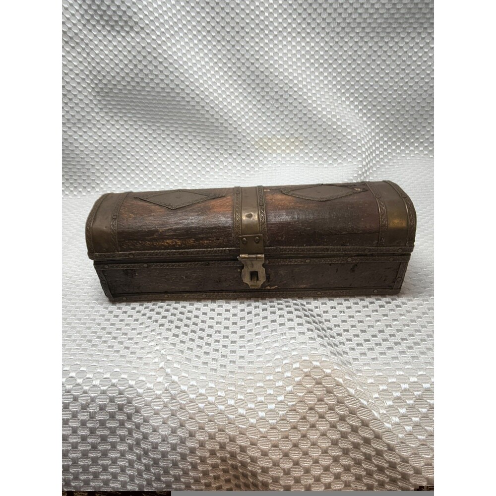 Vintage Wooden Brass Bound Trinket Box Domed Top Keepsake Pencil Chest Boho